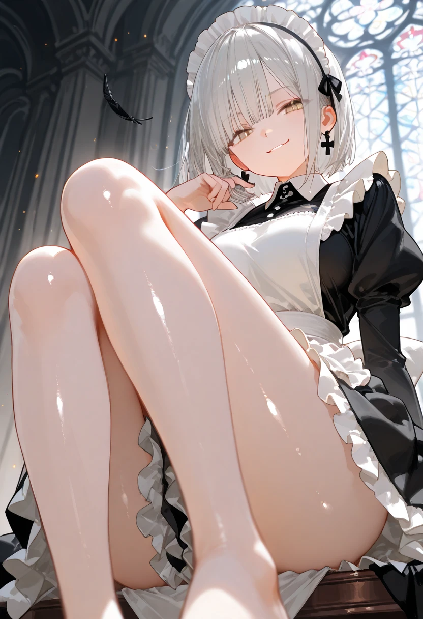 high-level image quality、high-detail、Precise depiction、Anime-style girl standing on glass floor、Silver Hair Short Bob Hair、Wear a black mask on your face、Stand on tiptoe、White footprints around the toes、Sweaty toes、reflective floor、White footprints on the floor、Wearing a black ruffled long-sleeved dress、Wearing black tights、No shoes、Toe of black tights、Feet touching the glass surface