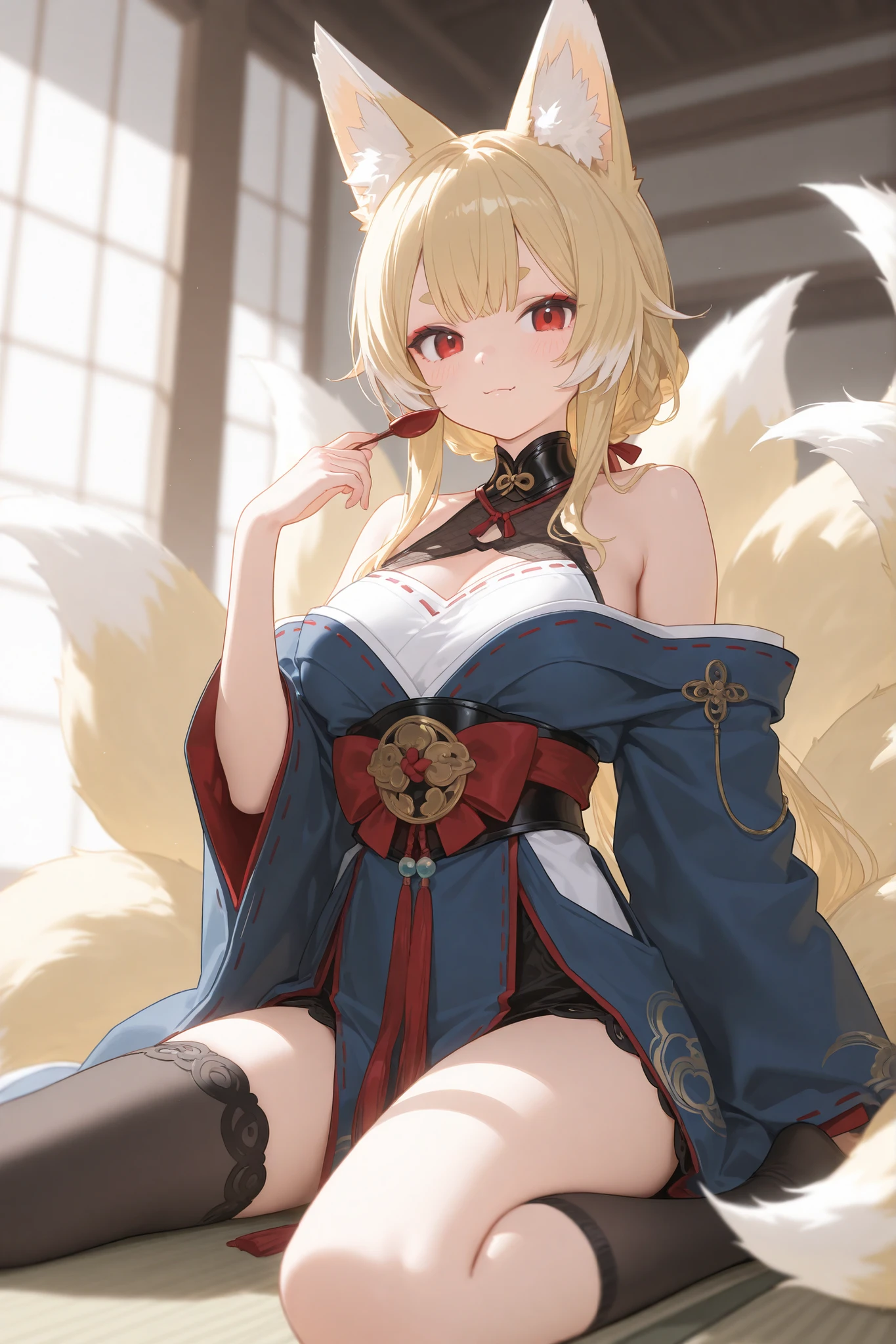 (best quality,highres,masterpiece:1.2),extremely detailed CG unity 8k wallpaper,ultra-detailed,1 girl,harmonious finger proportions, painting, pop art, (anime, anime coloring), mesugaki, an extremely cute girl, young cheeky girl, looking at viewer, sitting, seiza, cat pose, paw pose, mischievous expression, confident smile, grin, highlights in eyes, toddler, bottomless, on bed, vajradef, dog tail, black pantyhose, hair ornament, japanese clothes, bare shoulders, detached sleeves, wide sleeves, white pelvic curtain,(dog tail),