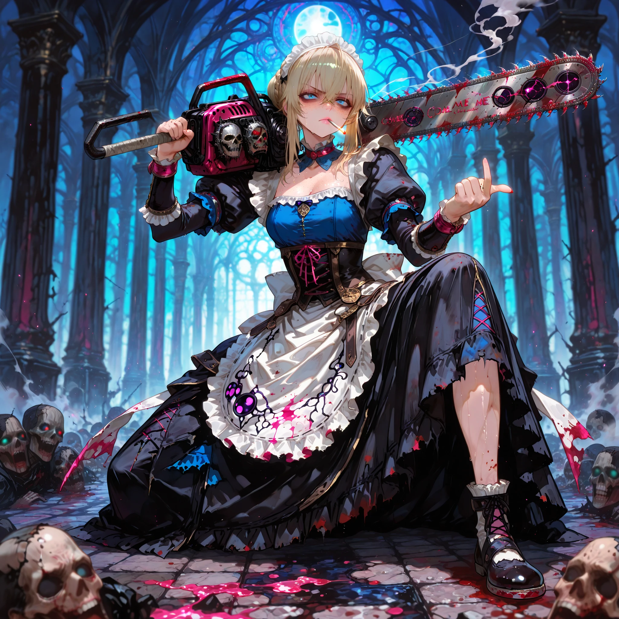 .(Highest quality,4K,High resolution,masterpiece:1.2),Very detailed,Realistic:1.37,Spooky altar background,Dark fantasy,Red color scheme,Ominous atmosphere,Eye-catching,Storytelling,anatomy,Anime Style,Concept Art,beautiful細部までこだわった顔と (((Red eyes ))),A terrifying ritual ,Satanic Ritual,Premature death,inappropriate behavior,クレイジーなsmile,Scythe Face,Girl Monster, beautiful, Delicate facial features, Sharp Eye, Sharp Fangs, pale skin, Thick chain, Dark Background, Cinema Lighting, Dramatic Shadows, Gothic style, Gloomy atmosphere, Dark fantasy, 一人のgirl, Please open your mouth wide, Open your mouth and baring your teeth,Sharp teeth like a beast, Wide lips, very wide mouth, Vermilion cheeks, ,(Blood splatter:1.4),Scary smile, smile,Angel Design, Twisted smile、Bloody、bleeding from the head,,,,,、Blood splatter、,(Blood splatter:1.4),skull,Horrorスタイル, ((Fantasy Sweet Lolita Frilly Pink Costume)), ((flowing blonde hair)), ,(Blood splatter:1.4),Female curves, Sexy flat stomach, Perfect hands, Perfect anime face, (Pink Lolita Dress)), Are standing, ((邪悪なsmile)), ,(Blood splatter:1.4), Steam circulates, Moonlight Illumination, night lighting, (Blood splatter:1.6),アニメAngel Design, Twisted smile、Bloody、bleeding from the head,,,,,、Blood splatter、,(Blood splatter:1.4), skull,Gothic architecture、Western architecture、Fantasy World、,Victorian cities, Skeleton Gas Light,Absurd, High resolution、 ((Tabletop)), ((Highest quality)), (Very detailedな), ((Very detailed)), (beautiful), ((かわいいgirl)), (NFSW:1.8), alone,(10 years old:1.6)、(world&#39;The most terrifying and creepy demon girl:1.5)beautiful face、Whole Body Ezbian、pale, Beautiful Skin、beautiful金の髪、Smiling Kindly、Dark building ruins、(snow white&#39;Frill dress:1.3)、(The dark ruins are stained with blood:1.3)、Low angle full body shot、(少女は血の海の中にAre standing:1.5)、(The ground is full of blood:1.3)、(The girl lost a lot of blood...:1.3)、(クレイジーなsmile:1.6)、Spirits、(Blood dripping from the mouth:1.3)、ネオゴススタイルのgirl, Wearing a black dress and a white collar, Wearing a black hat、wearing heavy makeup, Standing in a mystical garden surrounded by vines. The garden is full of deep purple flowers.、背景のGothic architecture。. girl&#39;The hair is golden、、A red rose is pinned to the side。. Her eyes are sharp、It&#39;Like being stabbed., Thick black eyeliner and long lashes. 彼女は顔色がpale.、Her lips are bright red.. The atmosphere is gloomy and eerie, with dim lighting casting long shadows. This piece combines digital illustration and photography.., the result、驚くほどHigh resolutionの画像が生まれました. Most of the colors are dark、I&#39;Calm, Deep reds and purples create a dark beauty.. The style is neo-gothic., Horror, Portrait Photography, Create a unique and compelling visual experience.Dark Imagery