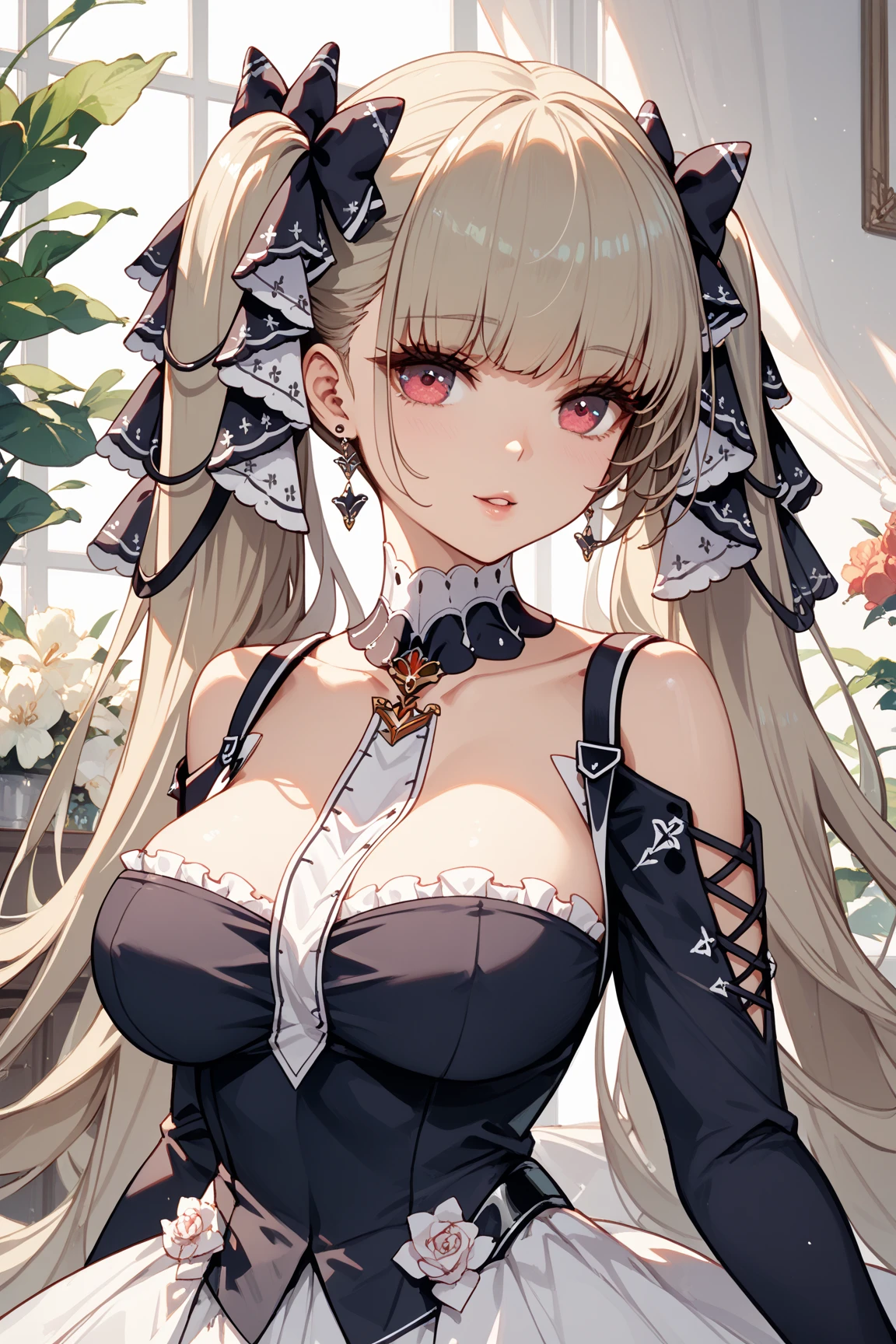 (masterpiece, best quality1.2),illustration,8k,hd,1girls,solo,upper body,(portrait:1.2),long_hair,large_breasts,red_eyes,very_long_hair,bangs,twintails,ribbon,grey_hair,cleavage,hair_ribbon,two-tone_ribbon,between_breasts,black_dress,dress,frills,bare_shoulders,frilled_dress,long_sleeves,two-tone_dress,jewelry,earrings,