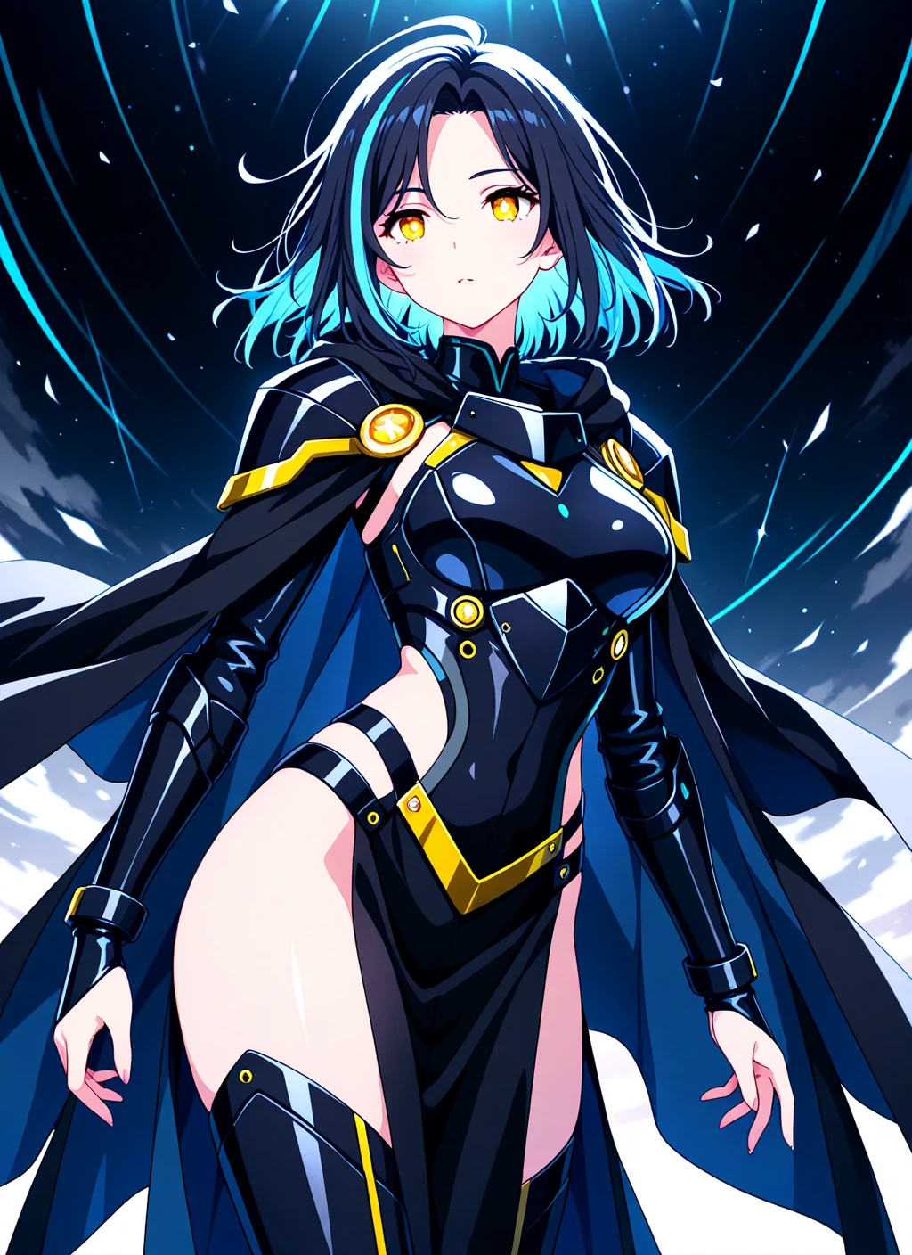 1girl, beautiful detailed eyes, superhero, mature woman, leotard, bare legs, boots, gloves, atoms, glowing body, light surrounding her body, light particles, space backdrop, standing, hand on hip, perfect anatomy, cowboy shot, full body shot, superpower.
