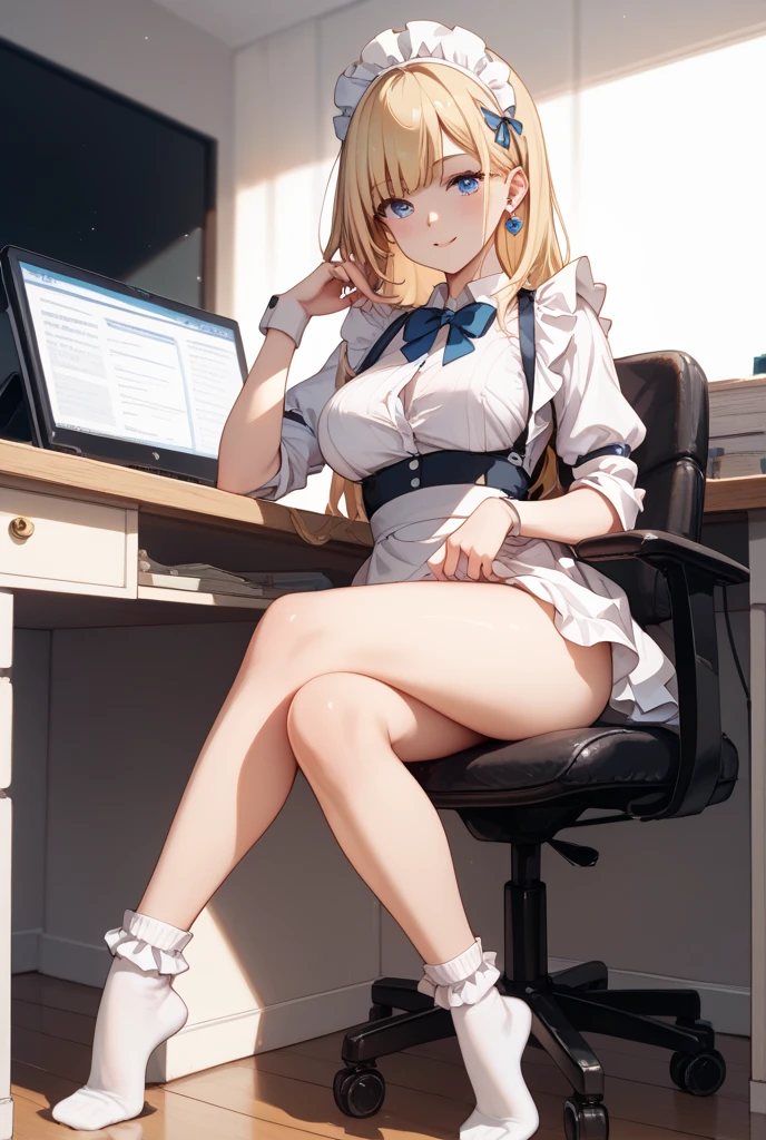 lexington (warship girls r), ((Masterpiece)), (((Best quality))), ((Ultra-detailed)), ((illustration)), ((Disheveled hair)), ((frilld)), (1 girl), (Solo), :) , beret, black sock , Blonde hair , Blue eyes, book , Breasts , macaron, chair, Closed mouth, Clothing, Curtains , day, desk , drawer, epaulette , eyeslashes, Feet , Female , full bodyesbian, hair between eye , Hat , Headwear, Indoors , legwear , Lens flare , lipstick, Long hair, view the viewer, Makeup, Medium breasts , No shoes , Office chair , One eye closed , Open clothes , Open shirt , Pantyhose, Paper, Paper stacks , pen, Phone, black shadows , shirt , Short sleeves , Sitting , Smile, A sole, (Spread legs:1.2) , Sunlight , Toes, White hat , White headwear, White shirt, window , wink,