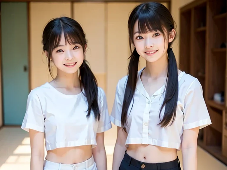 Two girls standing at ear window in school classroom,White dress,break,bangs,smile,Short hair with low pigtails,from before,Front light,((Little girl at 14 years old、slender、delicate、 clavicle and flat 、Very small ))、My whole body is soaked
