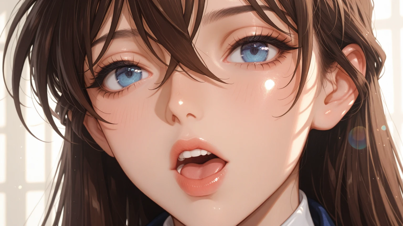 high school girl、Completely naked、Blowjob、penis、Penis sticking out from the side、Naughty lips、Black Bob、Light blue eyes、Baby Face、Looking up、Watery eye、Whimpering、Semen is dripping、classroom
