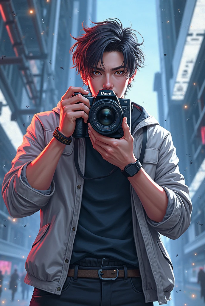 Boy holding Canon camera taking pictures in the rain, portrait of people