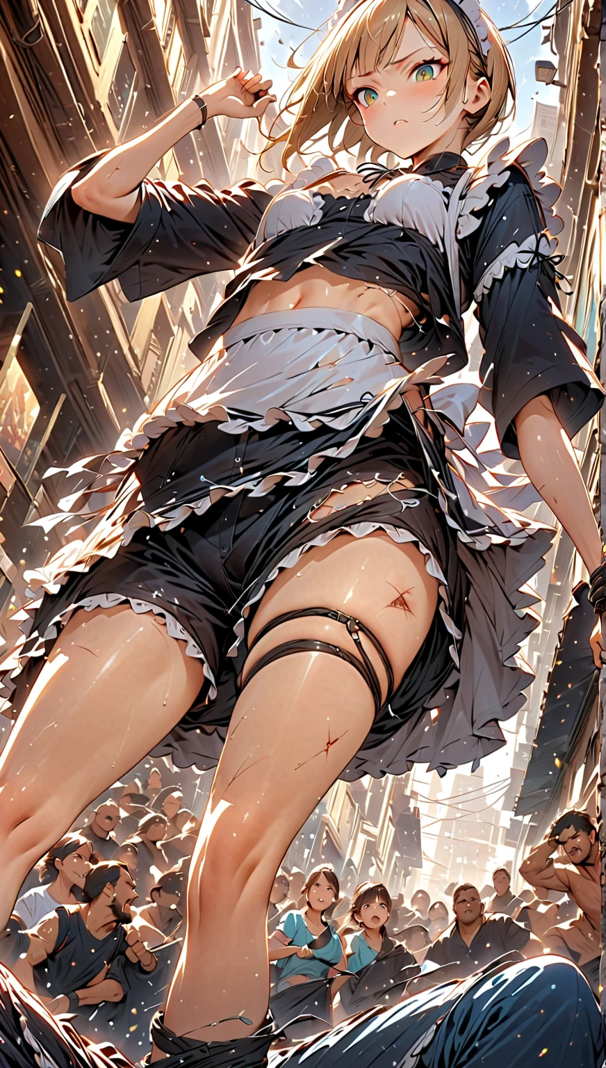 (Highest quality, masterpiece:1.2), pressure, 1. A floating maid, Her face is a cat, Sidewalk in the shopping street。She jumped into the air。She is floating in the air。(Hollow:1.2), (floating:1.2), Low angle shooting。 She floats。 levitation。 Very detailed(空に浮かぶ少女のプロのphotograph:1.37) 、Bend your legs slightly、The skirt spreads out slightly。Depth of written boundary, High resolution, 超High resolution, 8K, Very detailed, Realistic, Sun light。Maid work clothes。Ribbons, lace, frills and skirts。knees。photograph。Staring at the camera。Face Focus。(((Shooting from below:1.4)))