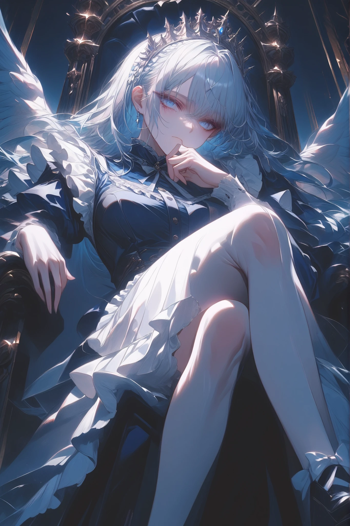 A beautiful, haughty maid sitting on a majestic throne, viewed from a low angle. She has medium-length, light blue hair that falls to her shoulders, and wears a dark navy blue maid uniform with elegant frills. She sits with her legs crossed, one elbow resting on the throne's armrest and her chin on her hand, gazing down at her kneeling subordinate with a condescending, regal expression. Despite wearing a maid outfit, she exudes the aura of a queen. The subordinate kneels humbly beside the throne, head bowed in reverence. Dramatic lighting enhances her beauty and dominance. Highly detailed, cinematic style, rich colors, dynamic composition, realistic anatomy.