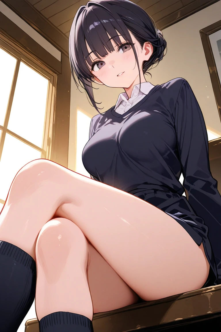 masterpiece, Top quality, High resolution, Hi-Res, One girl, Solo, Angle from below, Skirt, Shirt, White Y-shirt, Unbuttoned, Fluffy breasts, Cleavage,Protruding, Hard, Dark blue hair, Pleated skirt, Socks, Black skirt, hair over the shoulder , Long sleeves, Bangs, School uniform, Black socks, Dress shirt, Smile, Sweaty, Drenched, Sheer view, Sheer clothing, Wind-in-the-wind skirt, Lift up skirt, Crotch line, Hip line, White underwear, Panty shots, Beautiful leg line, Water droplets running down your legs, Drenched lower body, Wet waist, Excess crotch droplets, Body parts three-dimensional, Exposed undergarment, Realistic skin texture, Focused on feet, Kneeling, Knees spread, Bright room, Finger shifting panties position, lighting from below, bitten panties