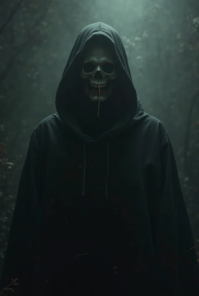 Creates a terrifyingly detailed and realistic depiction of the hooded figure of Death from profile perspective. The scene is expected to feature a black silhouette with a raging skull. This sinister figure is to be placed in the context of a misty night illuminated by cold light. of the moon and fog.. The image should radiate a sinister and chilling atmosphere.. Use Octane rendering to capture realistic textures and lighting. The resolution should be a stunning 8K, ensuring extraordinary clarity and precision when portraying the sinister aspect of Death.