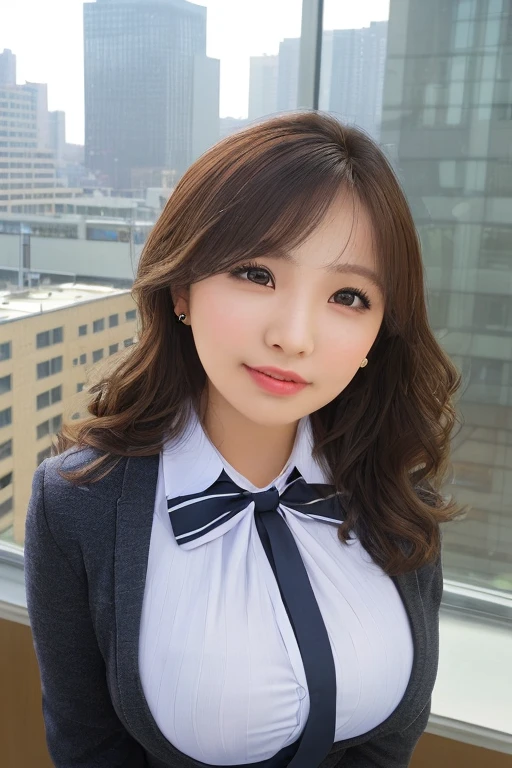 Tabletop, highest quality, Very detailed, finely, High resolution, 8k wallpaper, Perfect dynamic composition, Beautiful and beautiful eyes,  Natural Lip,blazer , Dark blue business suit , Big Breasts, whole body, blue eyes , Black Choker , parlor , Natural Makeup, secretary , smile, Japanese women  , bangs , Very long eyelashes、Straight Hair、Slim face、money、bill