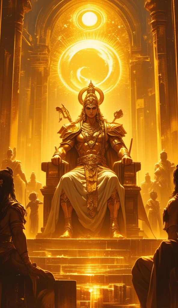 A Midas, King of Phrygia, seated in a stylish pose on a white throne, with golden hair, wearing a gleaming crown. His eyes have an intense amber glow, reflecting the richness around him. It is surrounded by floating dollar bills, which create a ripple effect of money. The background is black, further highlighting the brightness and opulence of the scene.