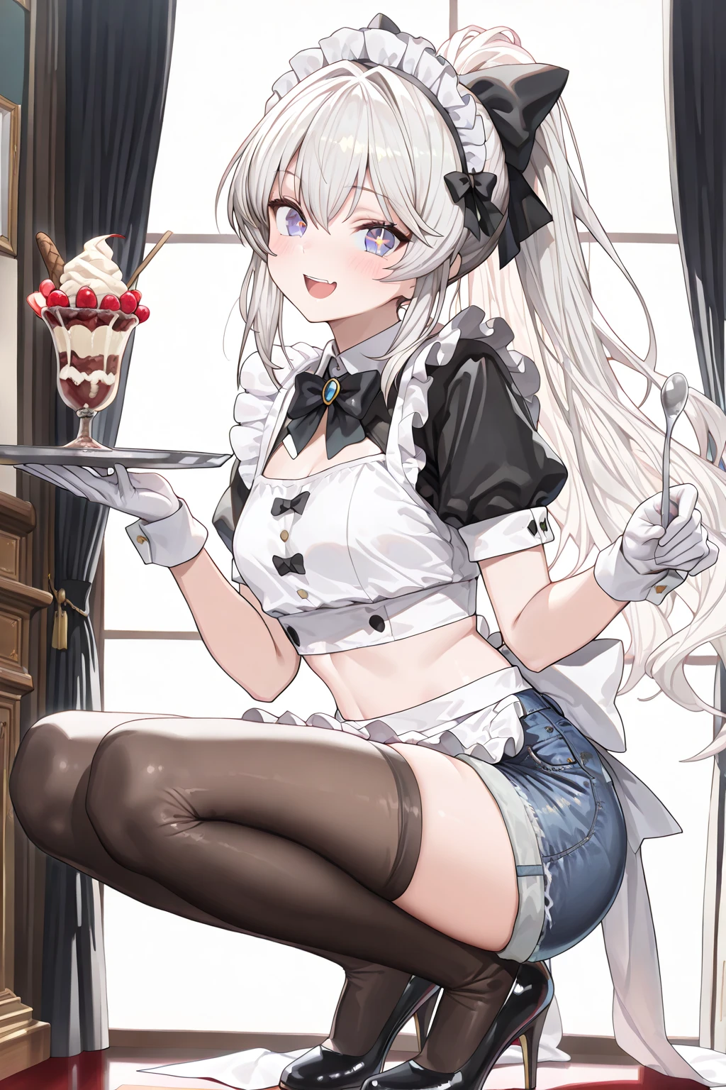 (small breasts:1.2), (perky chest:1.2), (pointed chest:1.2), (Pudding cake magazine cover:1.3),(from above:1.0),(shoot from the side:1.1),masterpiece, 1girl, Amazing Cleavage:1.1, thin waist, optimum,tmasterpiece,hight resolution,best qualtiy,hyper HD,super detailing,awardwinning,a 18yo cute girl,(The upper part of the body),anatomy correct,Beautiful Black miniskirt,garters,Gaze,Small face,bangss,holster,Beautuful Women,hands up,leg holster,Gaze,black boots,Cowboy Shot,cute face,a blond,Longhaire,Twin-tailed,Braids, Hairline,(scarlet eyes),long eyelasher,Hanging eye corners,White skin of the, ((see through camisole:1.1)), ((Sheer nipples:1.0)),Rocket Tits,(Slim body),smile,seductive weak smiling,(with sparkling eyes and a contagious smile),little open mouth, Looking at Viewer,