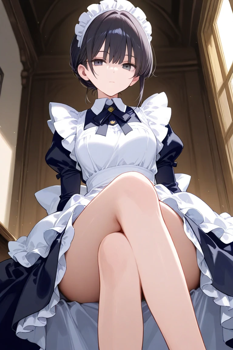 score_9, score_8_up, score_7_up, score_6_up, score_5_up, score_4_up, rating_safe, Manaka Nemu, short hair, braided hair, brown hair, violet eyes, maid outfit, white thighhighs, skirt, sitting on the floor, upskirt view, nsfw, white lace panties, no shoes