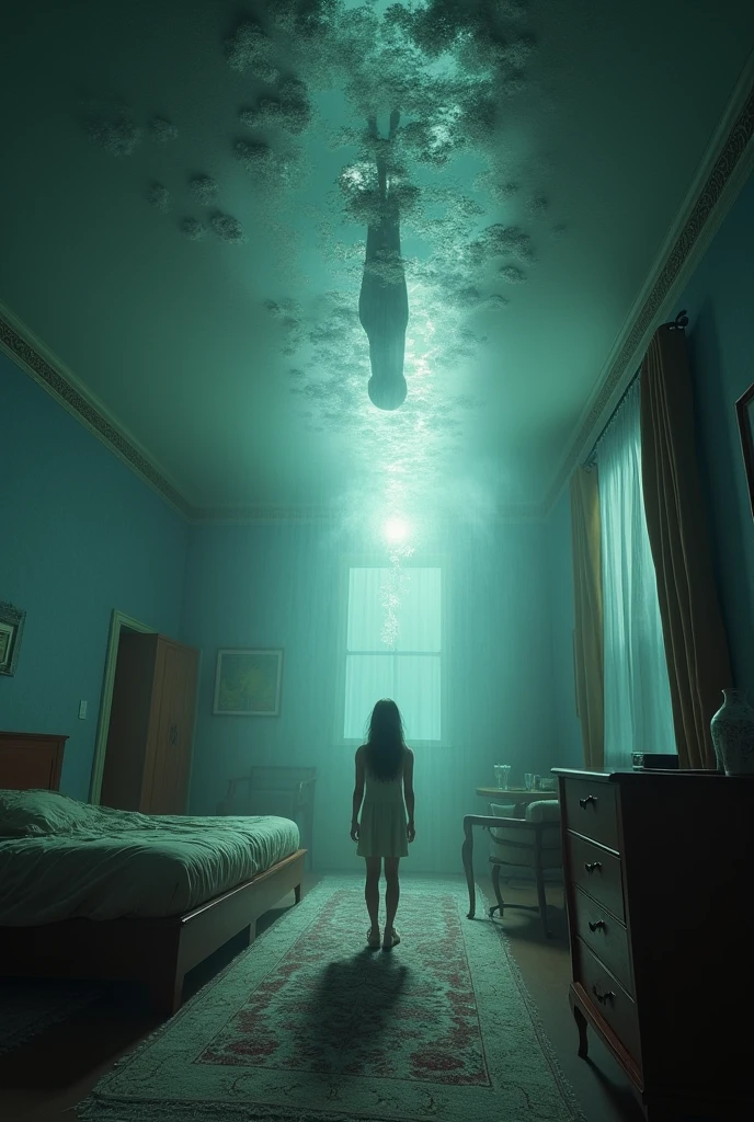 Two girls and a boy stand in front of a giant mirror that shows their fears and anxieties from one side to the other. 

