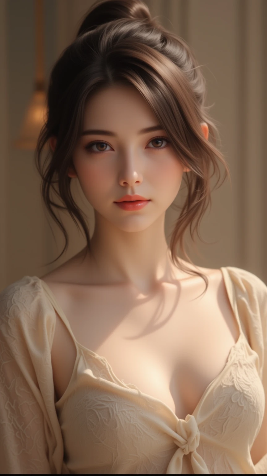 Fashion model 25 years old, [Close-up]]]], [[Chest]]]], [Neck]]]], [Shoulder]]]], perfect eyes, perfect iris, perfect lips, perfect teeth, perfect skin, soft front light, glow, HDR, (muted colors: 1.2)