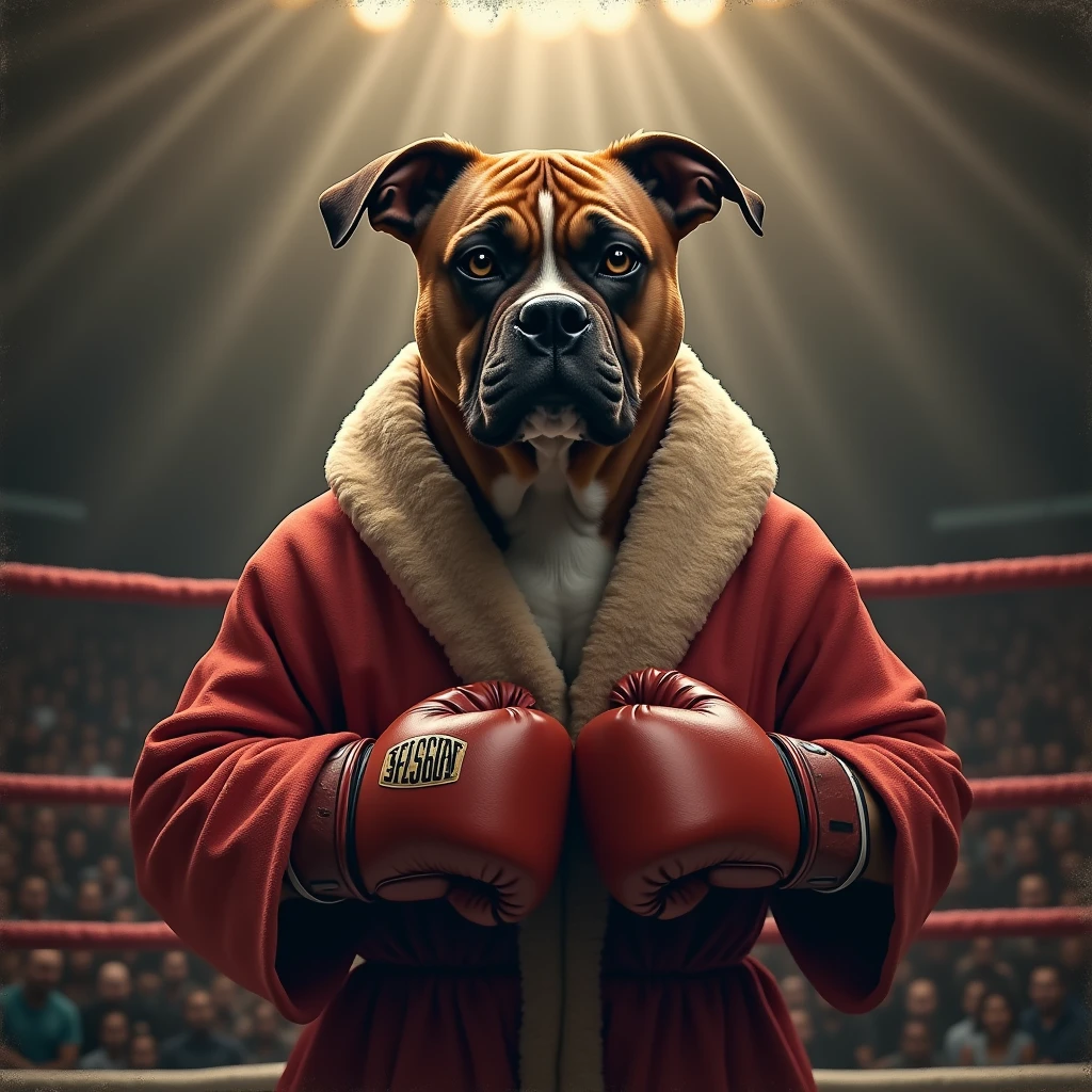 Boxing Match, aesthetic, Anthropomorphic boxer dog as a boxer, boxing, hyperdetailed,  hyperrealism volumetric lighting, Epic cinematic brilliant stunning intricate meticulously detailed dramatic atmospheric maximalist digital matte painting