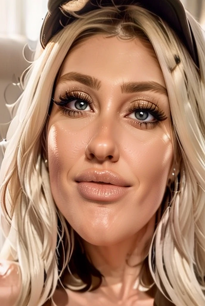 Lady Gaga with heavy makeup, gold eyelashes, platinum wavy hair, wearing a sexy pink dress