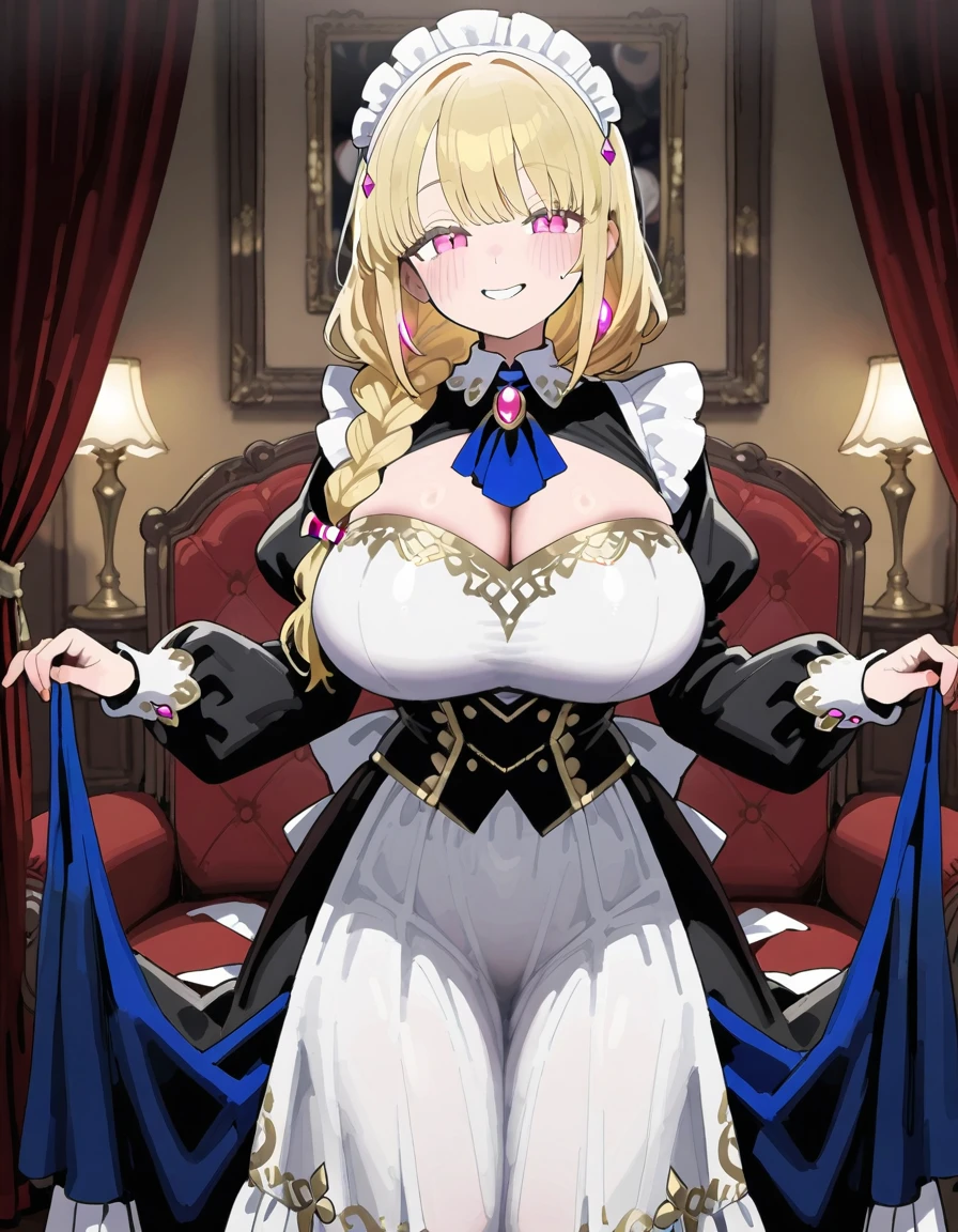 Cristalina, 20 years old, long light blonde hair, lilac eyes, huge breasts, wearing a lilac ball gown with crystals, being in the ballroom showing her chest to a duke at night.hentai