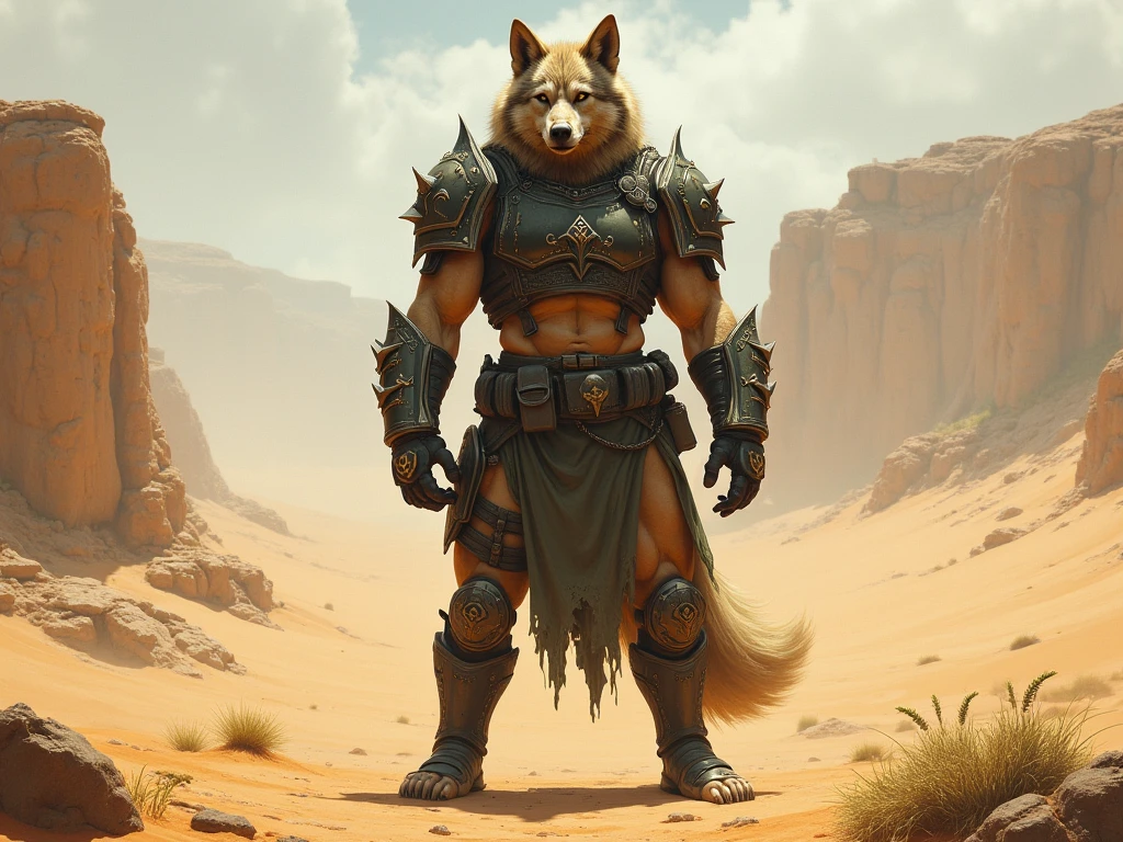 Sexy anthro furry wolf male, gay, kinky, sexy furry warior, headband shaggy shag, worn out skimpy leather armament, low on hips leather belt with worn out skimpy brown leather jockstrap, leather heavy harness armor, leather bondages, fingerless leather gloves, blooded curved sword in hand, dirty playfull smile, desert battlefield, standing in sexy fighting position, close view of full character