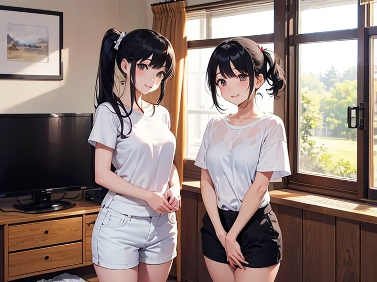 ((Highest quality)), ((masterpiece)), (detailed),Perfect Face,Strong light,With front light,Two fully nude sisters, both with small breasts and tanned teens, are sitting side by side in a school clubroom, completely naked, with their arms behind their backs, squatting and spreading their legs to show the camera a close-up of their crotches.,