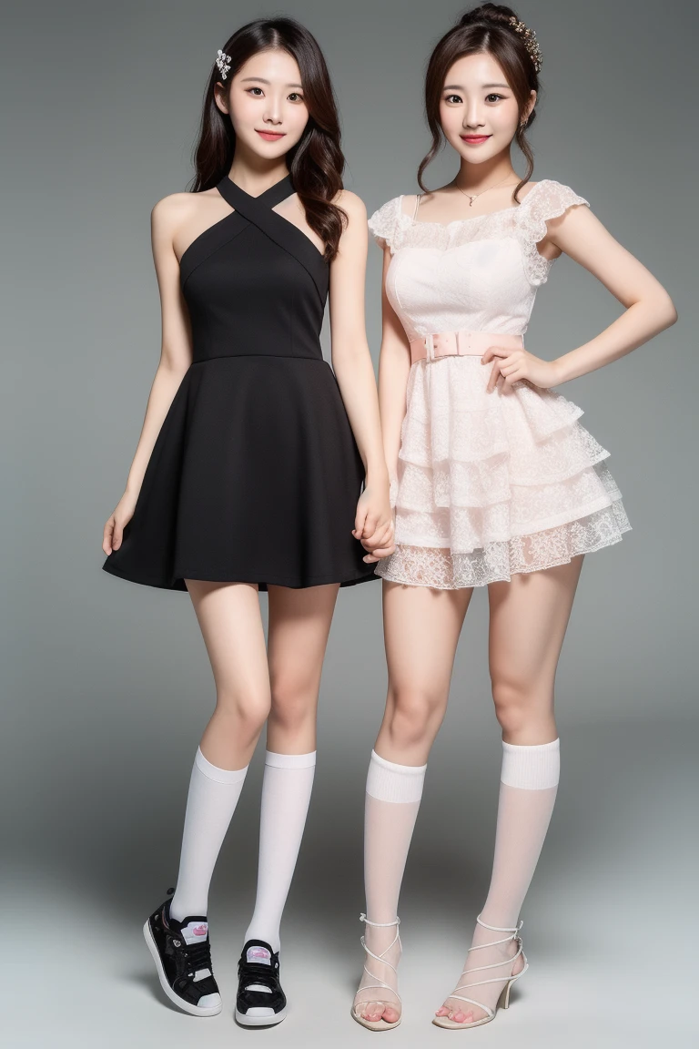 Beautiful beautiful long hair girl standing,Show forehead,Wearing a lace dress,White high heels,White tights,Girl's room