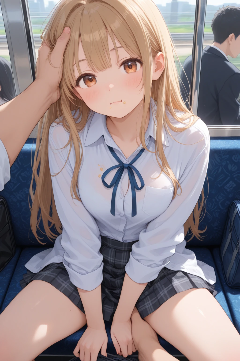 highest quality、masterpiece、Very detailed、Girl sleeping on train seat、Dozing off、Commuting、、Blonde woman, Realistic high school girl, cute, Short skirt, Sleeping