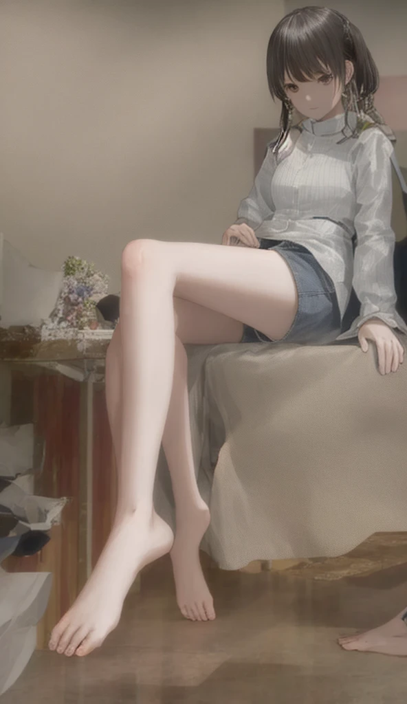 (hyperrealistic), (illustration), (high resolution), (8K), (extremely detailed), (best illustration), (beautiful detailed eyes), (best quality), (super detailed), (masterpiece), (wallpaper), (detailed face), solo, (dynamic pose), 1 girl, white wavy hair on the chair, korean, heterochromic eyes, small moles under the eyes, ((short apron)), medium breasts, long legs, Straighten your toes, (camel toes), (no panties), (no bra),white stockings