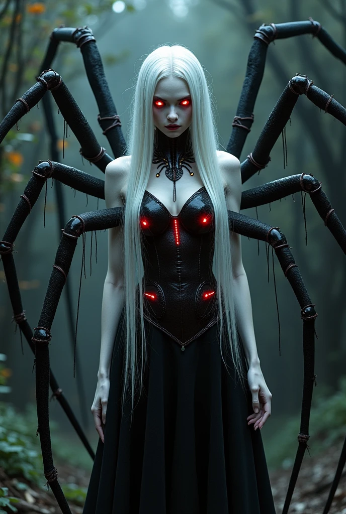 woman transforms into spider. multiple legs grow, nude, red spider eyes, long white hair, spinnenweben, sexy, huge ass, darkness