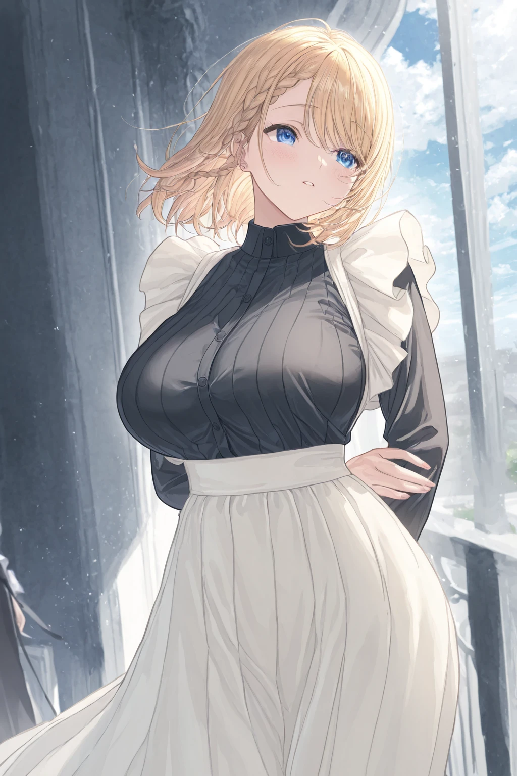 ((best quality)), ((highly detailed)), masterpiece, absurdres, (detailed eyes, deep eyes), (1girl), upper body, <lora:hairdetailer:1>, <lora:hilda_Beelzebub:1>, hilda_Beelzebub_aiwaifu69, blonde hair, short hair, hair bun, hair over one eye, green eyes, large breasts, cheerleader uniform, pom_pom_(\cheerleading\), (on a glacier, dawn)