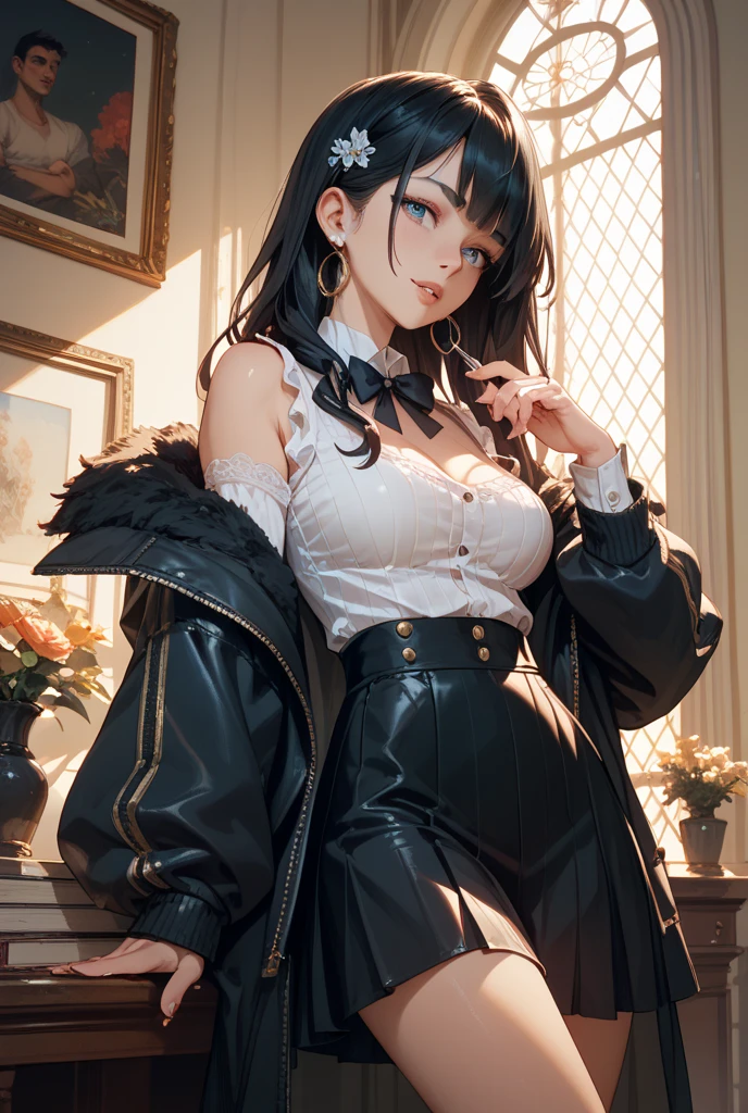 dominant fashionable college girl flirting with the viewer. (ultra-detailed,4k, 8k, high res, curvy,plus size anime girl,confident, seductive,erotic) curvy, plus size anime girl, seductive, erotic, thick thighs, detailed eyes, detailed lips, alluring expression, captivating curves, cleavage, flirtatious, artistic rendering, smiling/smirking, fashionable, cool clothes, pretty clothes, detailed clothing