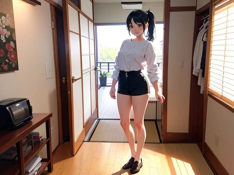 (foco nítido: 1,2), fotografia, (rosto bonito: 1,1), olhos fechados, delicious lips, (maquiagem de olho de gato: 0,85), (olhos fechados: 1,0), (corpo tonificado: 1,2), (liso curto e preto cabelo:1.2), (Moderate lighting: 1,2), profundidade de campo, Bokeh, 4k, HDR. por (Tiago C. Christensen:1.2 | Jeremy Lipking:1.1). Mulher chamada Anne de costas subindo uma escada dentro de sua casa, medium and beautiful ???????, bunda bonita, pele branca, cabelo liso comprido e preto, small hands, wearing black sneakers, wearing a non-transparent black T-shirt and red shorts,  corpo inteiro