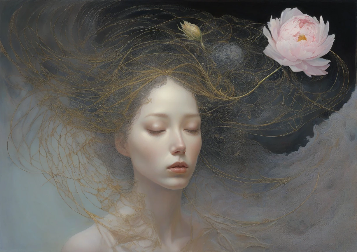 woman long hair fainted eyes closed mouth open in a river around the river dark forest with flowers many flowers very dark manga art black and white with cracks no colors