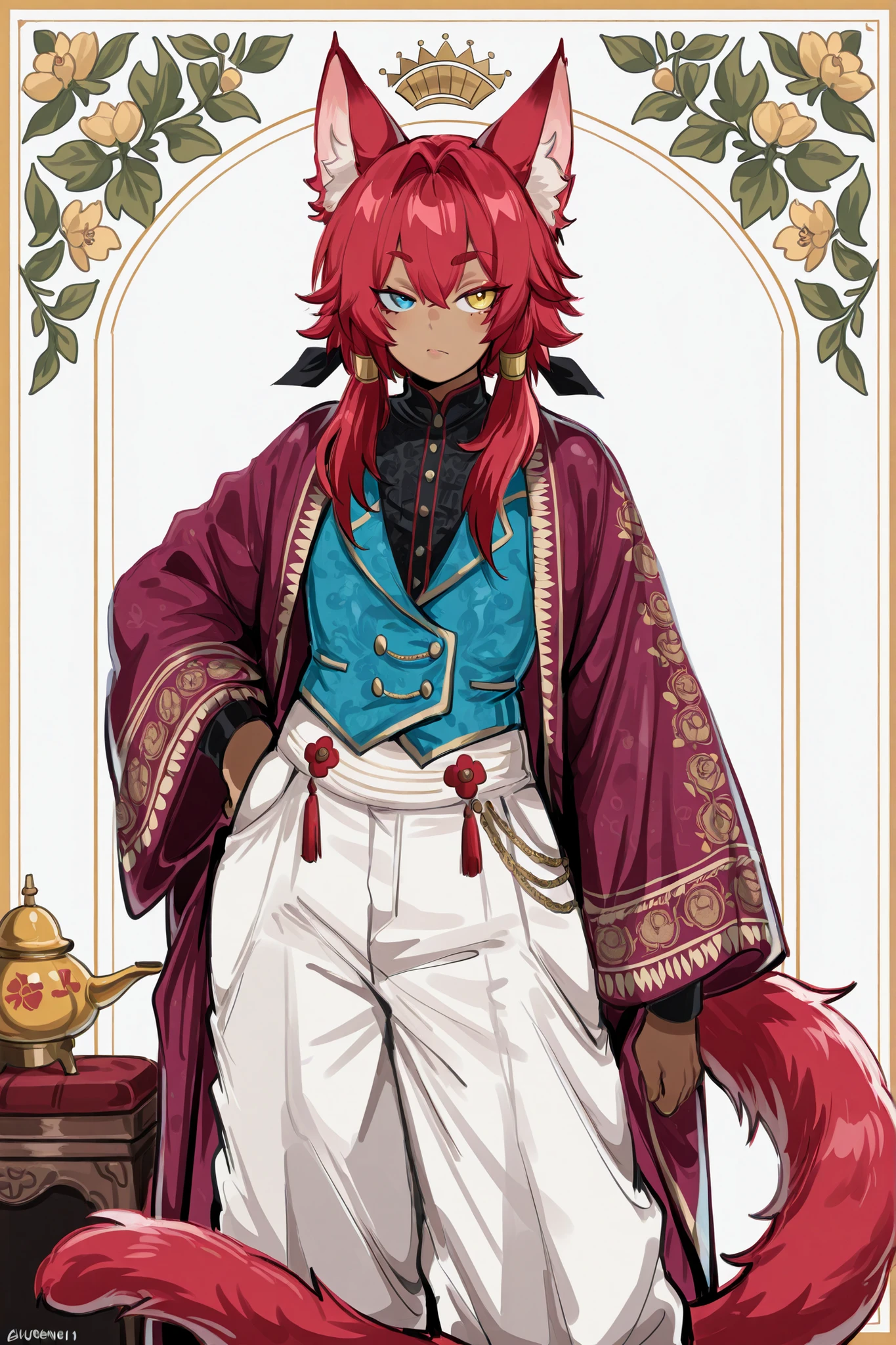 kurenaiz, masterpiece, ultra highres, best quality, 1boy, male focus, male kemonomimi, red cat ears, red hair, heterochromia eyes, purple left eye, yellow right eye, red cat tail, light tan skin, slightly dark skin, Ottoman Empire clothing, ornate Turkish robes, detailed embroidery, traditional vest, loose pants, historical accuracy, 19th century Turkish fashion