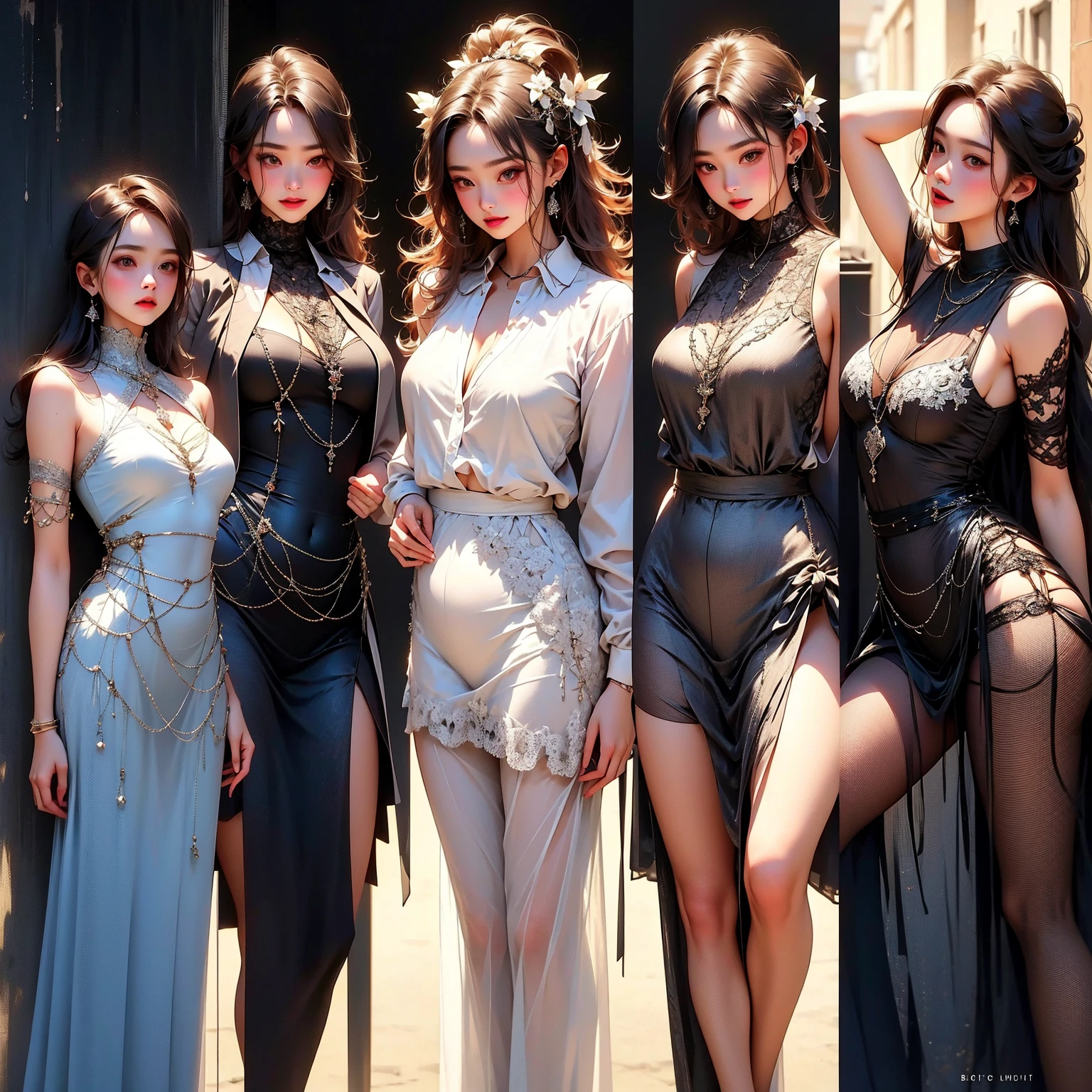 (masterpiece:1.3), top-quality, top-quality, Beautifully Aesthetic:1.2, ((Three girls)), Halloween night,
(Left girl is wearing a Red and Silver colors dress), (Middle girl is wearing a Black and Gold colors dress), (Right girl is wearing a White and Blue colors dress),
BREAK
(Left girl is (black Hair, wavy hair, short hair)),
(Middle girl is (Brown Hair, Straight hair, long hair)),
(Right girl is (gray Hair, wavy hair, medium long hair)),
(Three girls are Perfect body(large breasts, firm breast, nicely shaped breasts, slender figure)),
(Walking side by side in a neat line with Seductive pose:1.3),
((At the middle of Halloween party venue decorated for Halloween at late night:1.2)), (Full body shot:1.1), (From Front:1.3), (Looking at viewer),