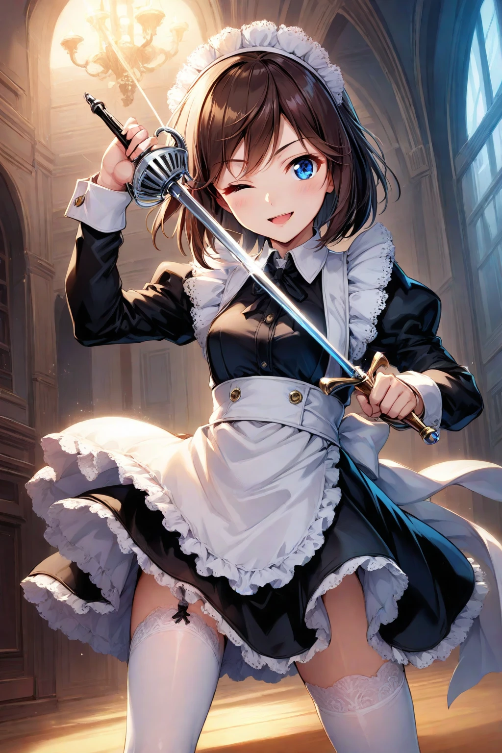 Top quality, very delicate and beautiful, girl, 11 years old, (dark brown hair), blue clothes with vertical buttons, belt at the waist, white skirt, (ponytail)), (white hair band), (brown boots), blue eyes, standing, smile, blood wet, (a large amount of fresh blood), (a large amount of return blood), (fresh blood on the ground)