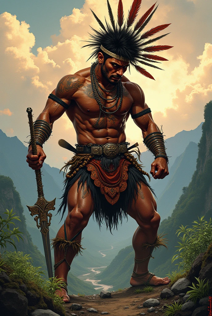 Orixá Oxossi in black and white shooting an arrow with feathers on his head 