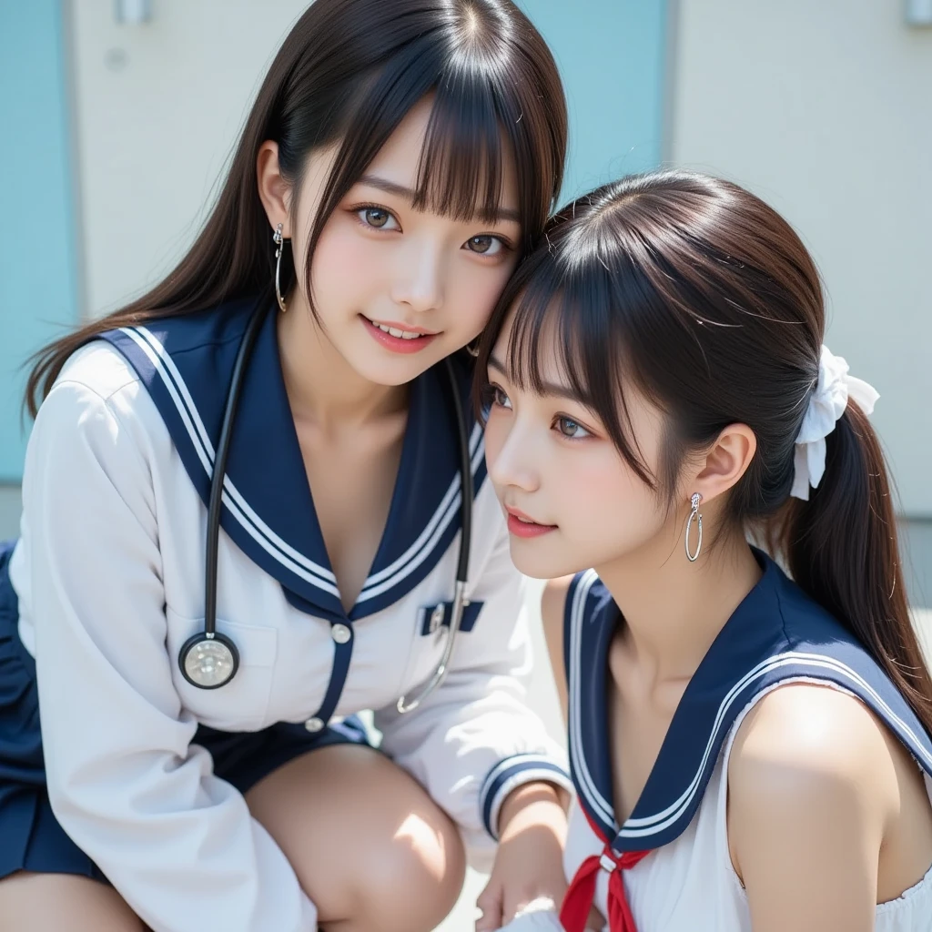 (masterpiece, best quality:1.2), 8k, official art, raw photo, incredibly absurdres, 2girl,15 years old,(loli:1.0),(small brests:1.2),(skinny:1.2),high school student,beautiful girl,(short ponytails:1.2),akb48,nogizaka46, 1girl, solo, looking at viewer, (smile:1.2), bangs,  black hair, sitting, ponytail,  sky, (dildo:1.2), day, indoors,    window, bed, on bed, curtains, ,bedroom,dildo,handjob,(serafuku:1.4), pov,