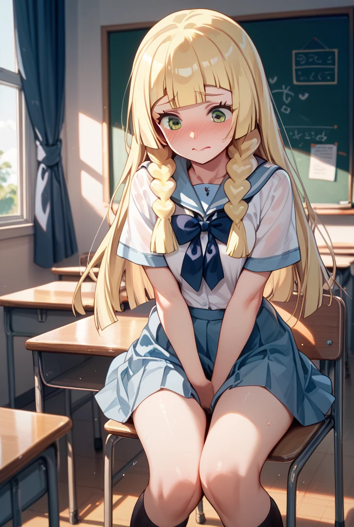 One person!!、Baby Face、((Young))、human、Height 100 cm、Long Hair、Blonde!、With bangs、small、((1st grade elementary school students))、Big eyes、barefoot、black eye、cute、Are thin、身長のsmall、体のsmall、Short legs、School uniforms、Summer clothes、classroom、Get closer to the camera、Sit on a chair