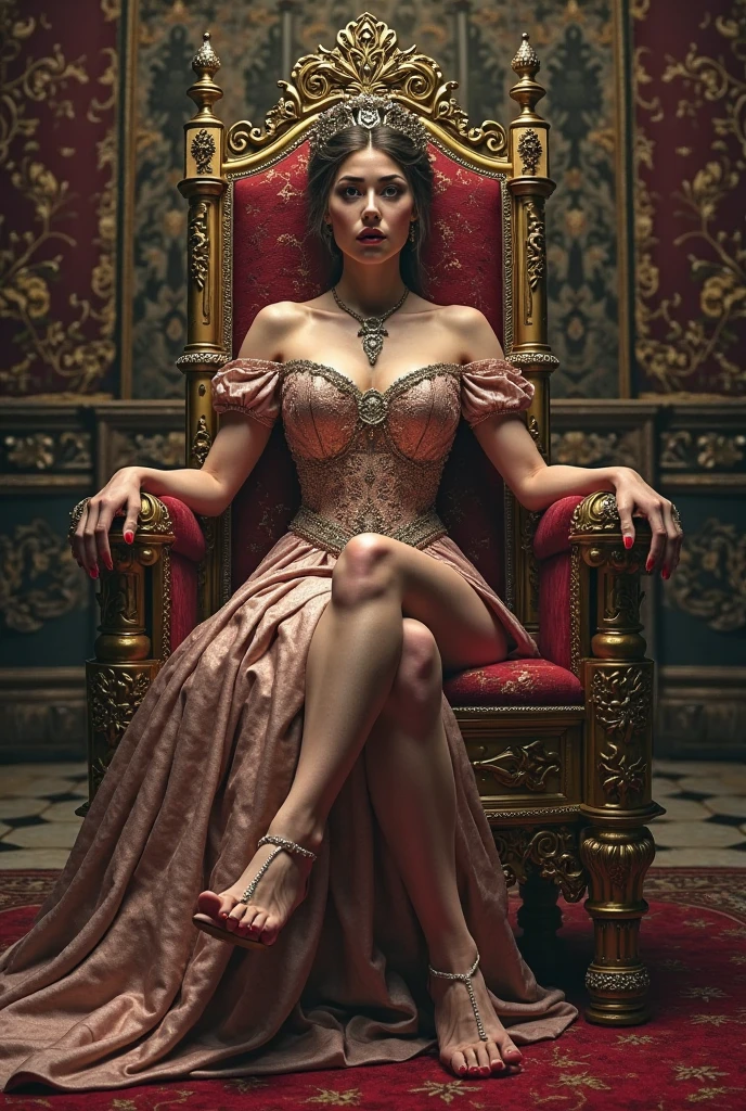 Sexy curvy russian woman in tight dress, perfect eyes, big tits and thick ass, cleveage, covered with crawling snakes, Medusa looking, seducing form, sitting on an evil throne, throne room background, sword cuts and bruises on face, detailed skin texture, vibrant colours, great exposure, realistic, blood, 8k, hyper realistic, ultra HD