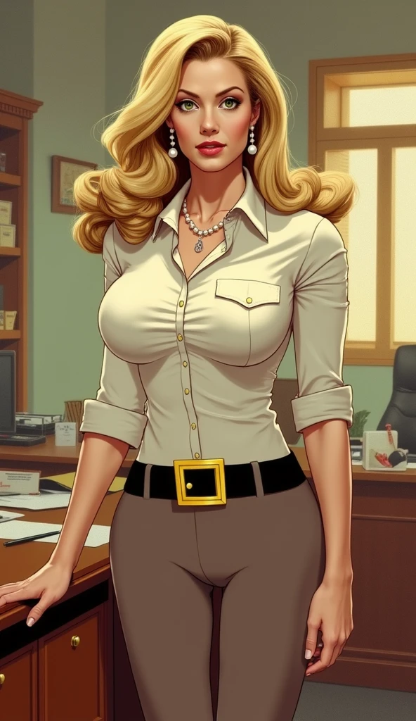 young Heather Thomas, cleavage, tied shirt, midriff, flashing panties, short skirt, stockings, sultry