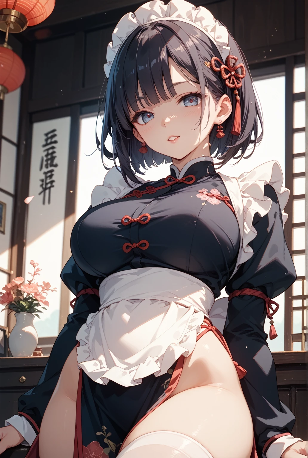 Young beautiful woman,(Highest quality,Extremely detailed depiction,Incredibly absurd high resolution,Anatomically accurate depiction,Nice hands, Perfect Fingers,Curvy Legs)(Sexy Japanese maid),(Very extravagant kimono,Maid clothes,Maid's Headband,garter belt,White Stockings,latex),eyelash,Brightly glowing purple eyes,There is cleavage in the chest,Black Hair,Perfect body,Depict the whole body,background:Japanese-style room