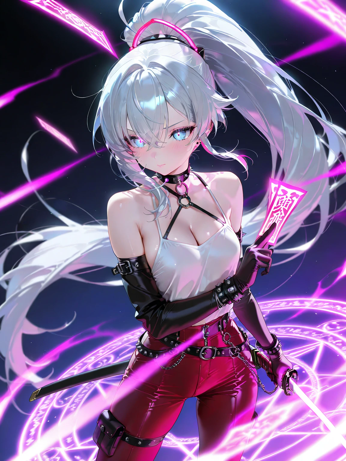 best quality, illustration, beautiful detailed eyes,colorful background,mechanical prosthesis,mecha coverage,emerging dark purple across with white hair,disheveled hair,fluorescent purple,cool movement,rose red eyes,beatiful detailed cyberpunk city, beautiful detailed glow,1 girl, expressionless,cold expression,insanity, long bangs,long hair, lace,dynamic composition, motion, amazing fine details and brush strokes