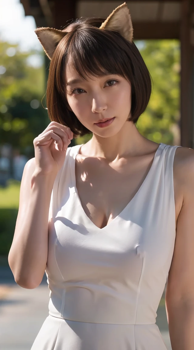 (8k, RAW photo, best quality, masterpiece:1.2), (realistic, photo-realistic:1.4), (upper body),(standing),cinematic lighting, photon mapping, radiosity, physically-based rendering, 1girl,(solo:1.3),looking at viewer, (light blue printed china dress),(short hair), smile, solo focus,soft lighting, dynamic angle, outdoors,