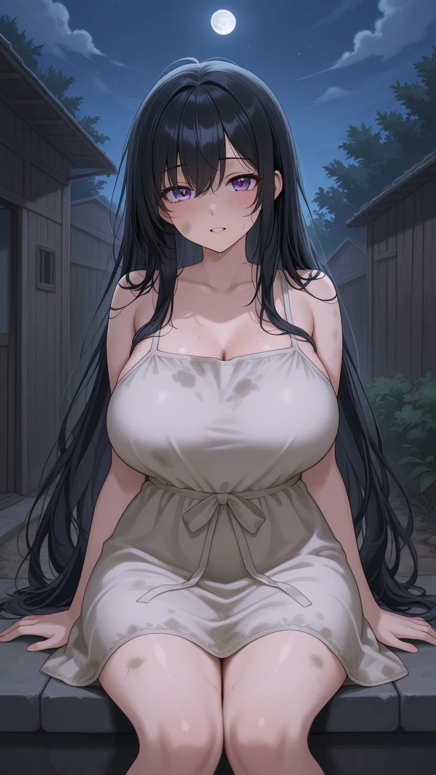 Adult female, milf, busty, hidden hourglass figure, oversized white shirt, messy and long black hair, golden yellow irises, flustered, dark alley, city, night, streetlight
