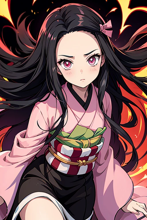anime, hdr, soft light, ((best quality)), ((masterpiece)), (detailed), kamado nezuko, black hair, forehead, pink eyes, very long hair, hair ribbon, japanese clothes, pink kimono, multicolored hair, pink ribbon, cleavage, standing, legs apart, fighting pose, flowing blood, destruction, kimetsu no yaiba style, sparks.