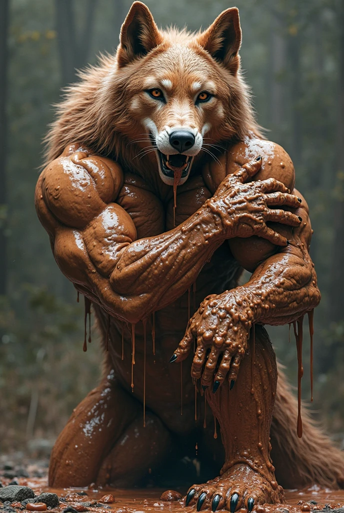 wolf, male, all body, sweating, semen, realistic, (full nude, only Clear vinyl apron,) cooking, relaxing penis,