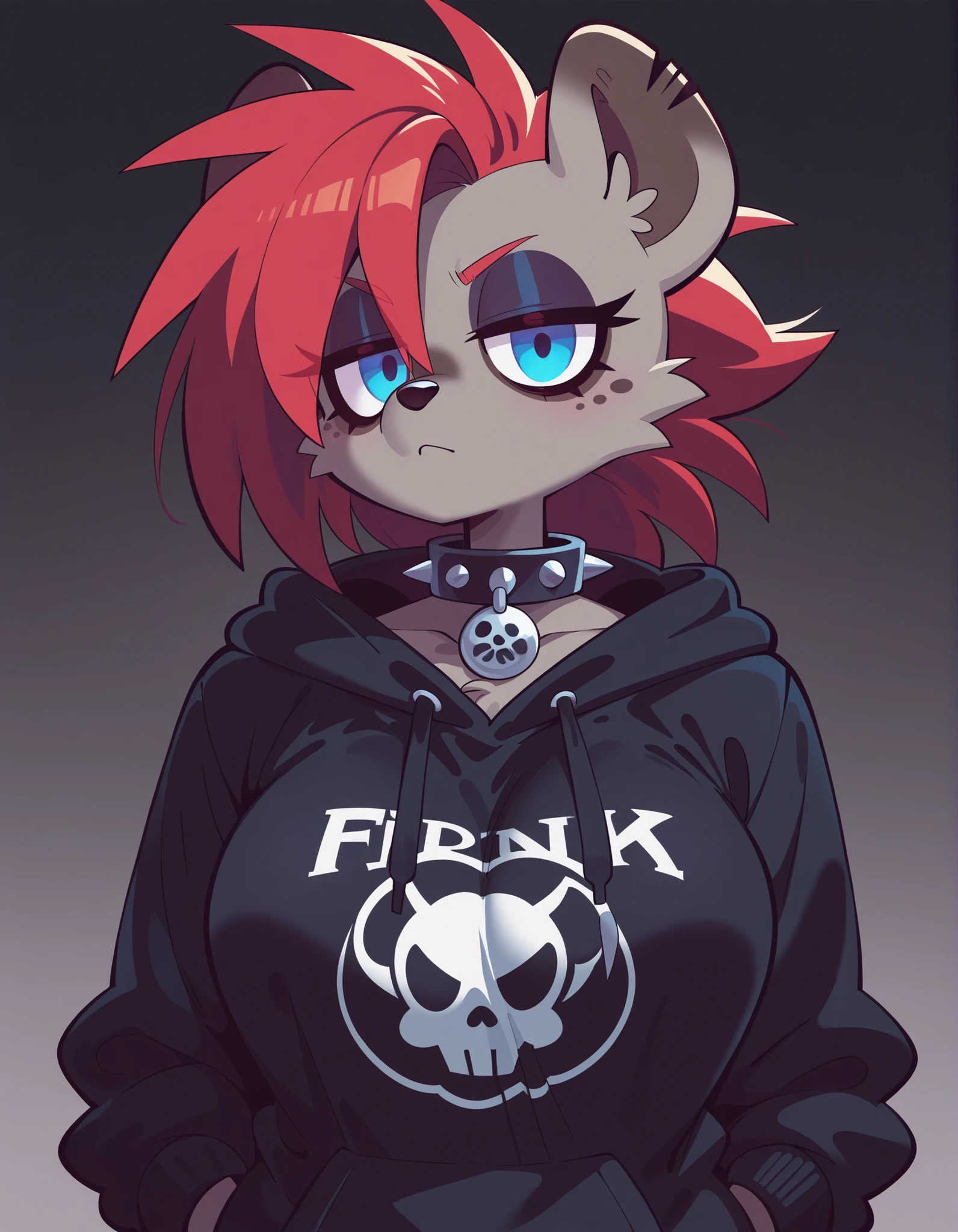 f11ph1style,, 1girl, solo, anthro hyena, furry, furry female, blue eyes, punk, grey fur, black hoodie, breast, spike collar, red hair,