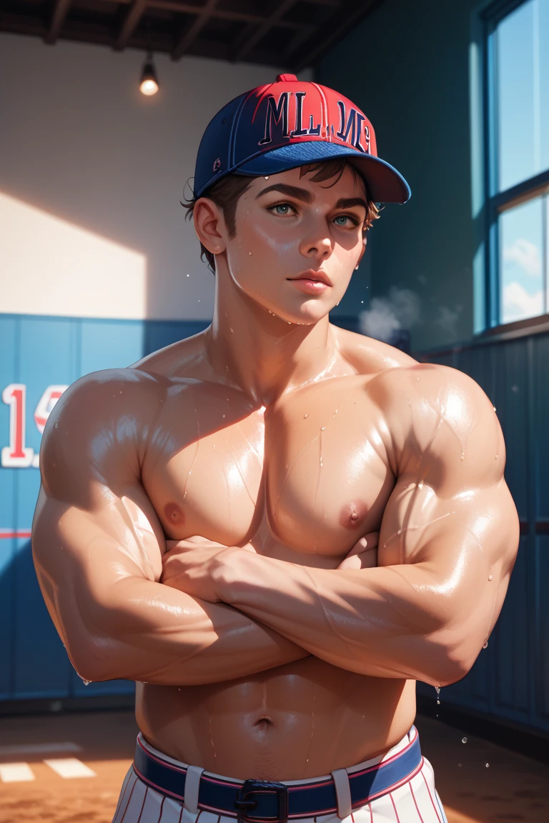 Laying down, sleeping, TOP POV, sweating, The sun shone on his front body and face, Very wet body, Wearing SLEEVELESS T-SHIRT, pulling off HIS SHIRT exposing his sexy chest, Very hot sunny day, Fluffy chest, pink nipple, Curly hair , BLUSHING, SHY EXPRESION, blushing face, TOP POV, on the sport field, sleeping, just Wearing wet white Tiny thong exposing his big bulge, very wet body, Hairy stomatch, very hairy abs, Very bushy hairy armpits, hairy pubic, hairy crotch, Super Realistic photography, PROUDLY SHOWING OFF HIS sexy body, Cute teen exposing his sexy nipple, DETAILED, Very wet body, showing off his very sweaty hairy armpits, Slim fit body, teenager, very cute boy face, 17 years old boy, Very young teenager boy, Very big hard dick, sweat covering all over the body, Sweat dripping all over the body, Proudly showing off his sweaty very hairy armpits to audience, The colors are bright and vibrant, enhancing the overall aesthetic. The lighting is soft and natural, casting a soft glow on the face and body, don't merge body's, detailed eyes and lips, sixpack and fit body. Image quality is of the highest standard, with ultra-detailed features and a realistic appearance.