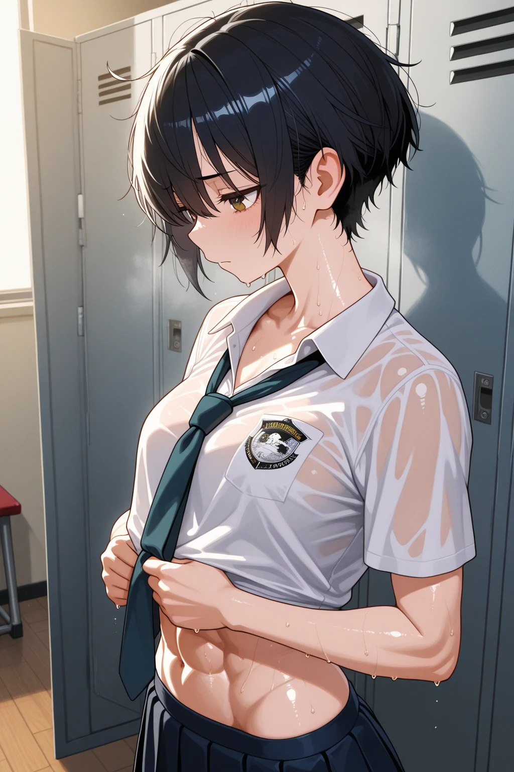 ((1 girl))、(smile:1.3)、small ???????の???、（cowboy shot）、(fun!!)、(white cardigan:1.5)、(blush:1.4)、(hair)、????? roll-up clothing,pull clothes，((flat ?????:1.3))、((I can see your ???????:1.5))，(), ??????, (black skirt)，look down, ((classroom:1.5))Upper body，classroomのシャツロールアップシャツセーター高解像度，look down, Upper body，Fair skin,classroom，small ???????，????????????、