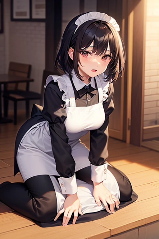 woman,Bob Hair,Maid clothes,Cat ears headband,Wear tights,Dark brown hair,Large Breasts,maid Cafe